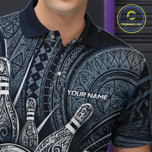 Load image into Gallery viewer, Personalized bowling polo shirt with bowling balls and pins arranged within navy blue polynesian tribal patterned artwork across a dark layout.