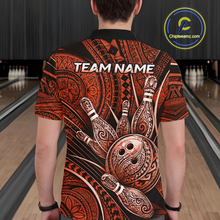 Load image into Gallery viewer, Men wearing personalized bowling polo shirt with bowling balls and pins arranged within orange polynesian tribal patterned artwork across a dark layout.