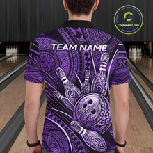 Load image into Gallery viewer, Men wearing personalized bowling polo shirt with bowling balls and pins arranged within purple polynesian tribal patterned artwork across a dark layout.