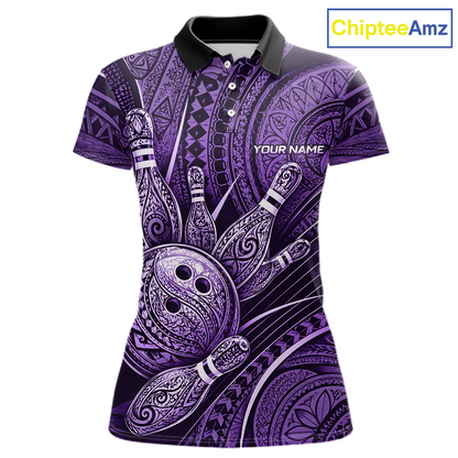 Front view personalized bowling polo shirt with bowling balls and pins arranged within polynesian tribal patterned artwork across a purple layout.