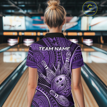 Load image into Gallery viewer, Women wearing personalized bowling quarter zip shirt with bowling balls and pins arranged within polynesian tribal patterned artwork across a purple layout.