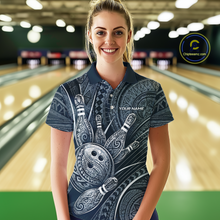 Load image into Gallery viewer, Women wearing personalized bowling polo shirt with bowling balls and pins arranged within polynesian tribal patterned artwork across a navy blue layout.