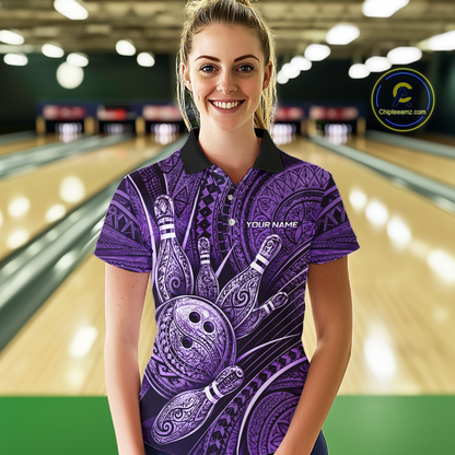 Women wearing personalized bowling polo shirt with bowling balls and pins arranged within polynesian tribal patterned artwork across a purple layout.