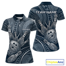 Load image into Gallery viewer, Front and back view personalized bowling polo shirt with bowling balls and pins arranged within polynesian tribal patterned artwork across a navy blue layout.