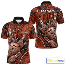Load image into Gallery viewer, Front and back view personalized bowling polo shirt with bowling balls and pins arranged within orange polynesian tribal patterned artwork across a dark layout.