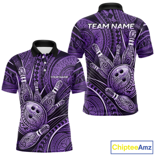 Front and back view personalized bowling polo shirt with bowling balls and pins arranged within purple polynesian tribal patterned artwork across a dark layout.