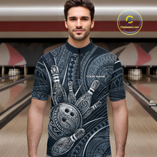 Load image into Gallery viewer, Men wearing personalized bowling quarter zip shirt with bowling balls and pins arranged within navy blue polynesian tribal patterned artwork across a dark layout.