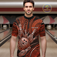 Load image into Gallery viewer, Men wearing personalized bowling quarter zip shirt with bowling balls and pins arranged within orange polynesian tribal patterned artwork across a dark layout.