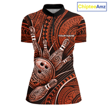 Load image into Gallery viewer, Front view personalized bowling quarter zip shirt with bowling balls and pins arranged within orange polynesian tribal patterned artwork across a dark layout.