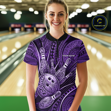 Load image into Gallery viewer, Women wearing personalized bowling quarter zip shirt with bowling balls and pins arranged within polynesian tribal patterned artwork across a purple layout.