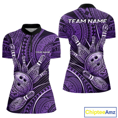 Front and back view personalized bowling quarter zip shirt with bowling balls and pins arranged within polynesian tribal patterned artwork across a purple layout.
