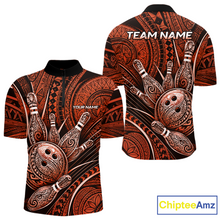 Load image into Gallery viewer, Front and back view personalized bowling quarter zip shirt with bowling balls and pins arranged within orange polynesian tribal patterned artwork across a dark layout.