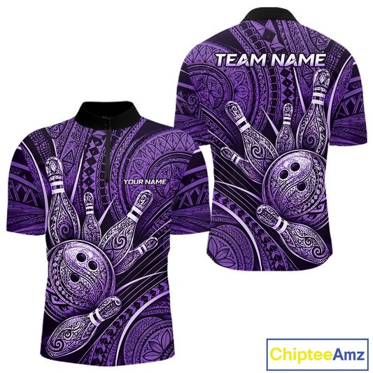 Front and back views of a short-sleeve polo shirt featuring a purple and black tribal Polynesian-inspired bowling pin and bowling ball graphic print. The shirt includes customizable text placeholders 'YOUR NAME' on the front chest and 'TEAM NAME' on the back collar.