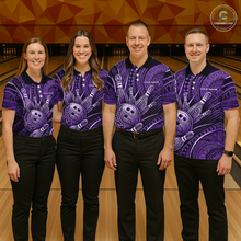 Load image into Gallery viewer, Four people wearing personalized bowling polo shirt with bowling balls and pins arranged within purple polynesian tribal patterned artwork across a dark layout.