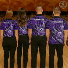 Load image into Gallery viewer, Four people wearing personalized bowling polo shirt with bowling balls and pins arranged within polynesian tribal patterned artwork across a purple layout.