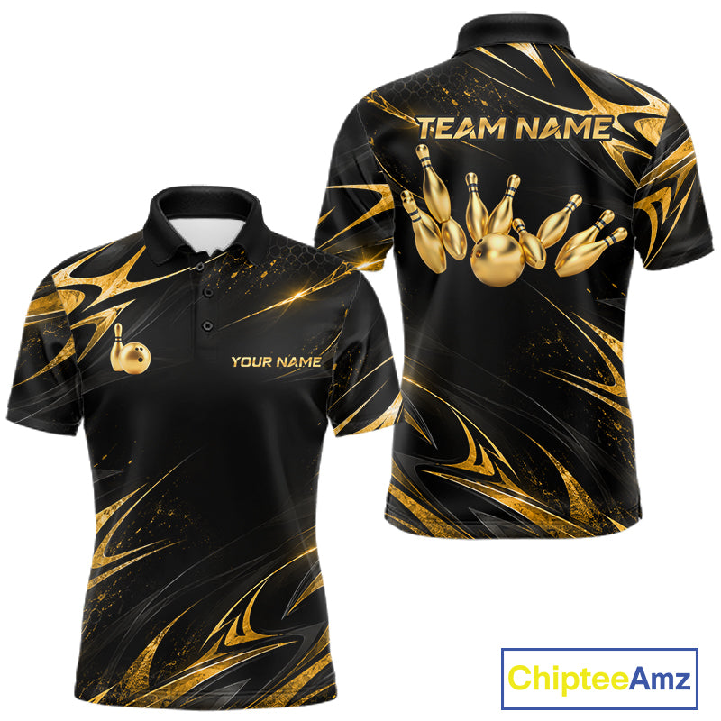 Custom Black Gold Bowling Jersey for Men Bowling Team Shirts Bowling League Polo & 1/4 Zip HNT491
