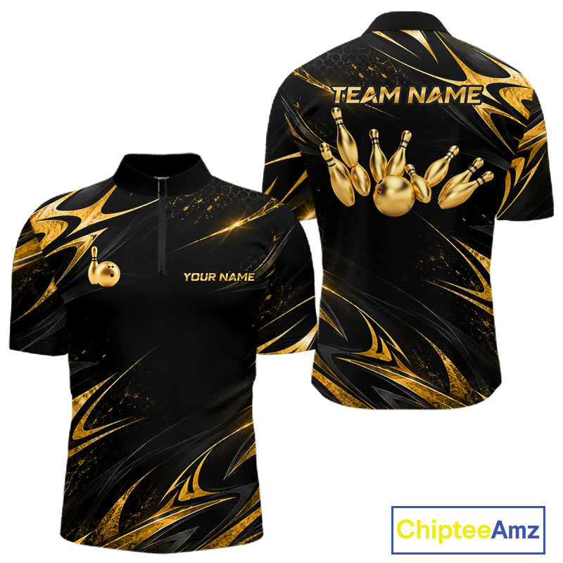 Custom Black Gold Bowling Jersey for Men Bowling Team Shirts Bowling League Polo & 1/4 Zip HNT491