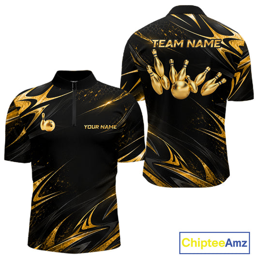 Custom Black Gold Bowling Jersey for Men Bowling Team Shirts Bowling League Polo & 1/4 Zip HNT491