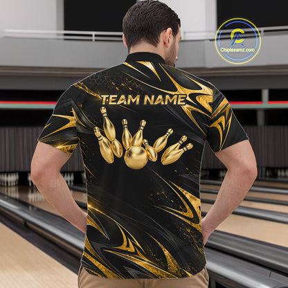 Custom Black Gold Bowling Jersey for Men Bowling Team Shirts Bowling League Polo & 1/4 Zip HNT491