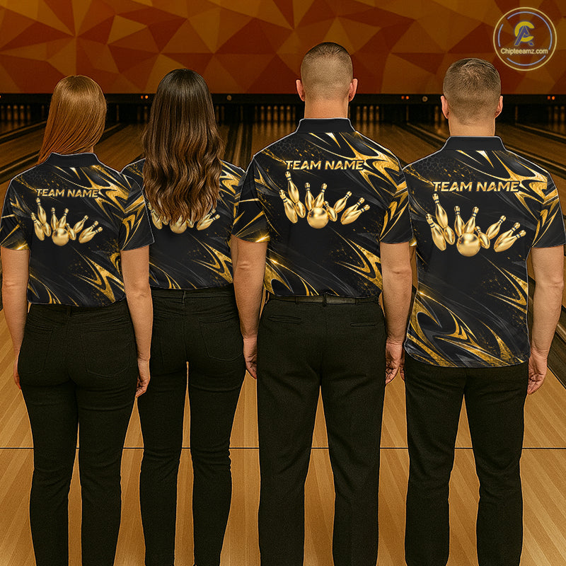 Custom Black Gold Bowling Jersey for Men Bowling Team Shirts Bowling League Polo & 1/4 Zip HNT491