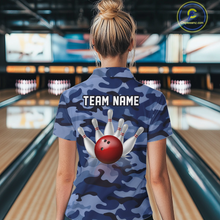 Load image into Gallery viewer, Custom Blue Camo Bowling Jersey for Women Bowling Team Shirts Bowling Uniform Polo &amp; 1/4 Zip HNT167