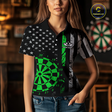 Load image into Gallery viewer, Custom Green US Flag Darts Shirt for Women Darts Team Jerseys Dart Tourament Polo &amp; 1/4 Zip NNT116