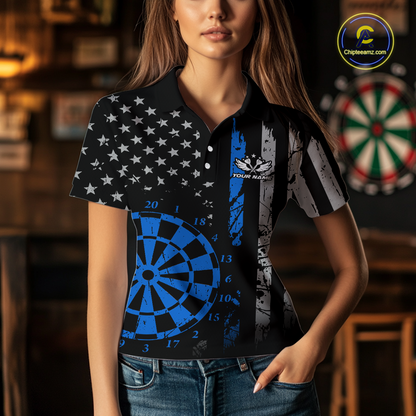 Custom Blue US Flag Darts Shirt for Women Darts Team Jerseys Dart Tournament Polo & 1/4 Zip NNT116
