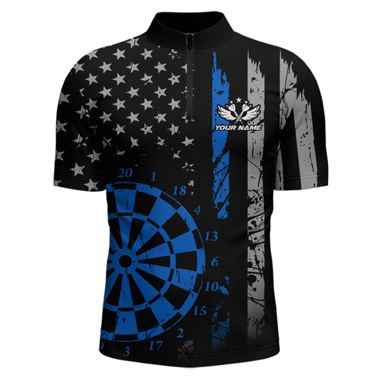 Custom Blue US Flag Darts Shirt for Men Darts Team Jerseys Dart Tournament Polo & 1/4 Zip NNT116
