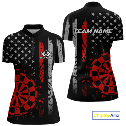 Custom Red US Flag Darts Shirt for Women Darts Team Jerseys Dart Tournament Polo & 1/4 Zip NNT116
