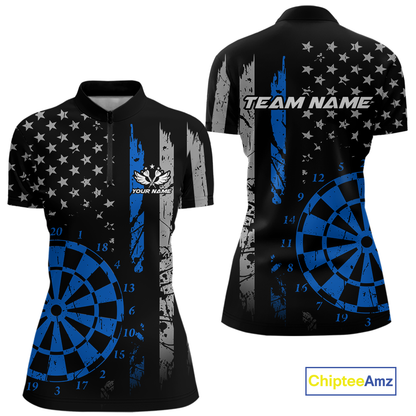 Custom Blue US Flag Darts Shirt for Women Darts Team Jerseys Dart Tournament Polo & 1/4 Zip NNT116