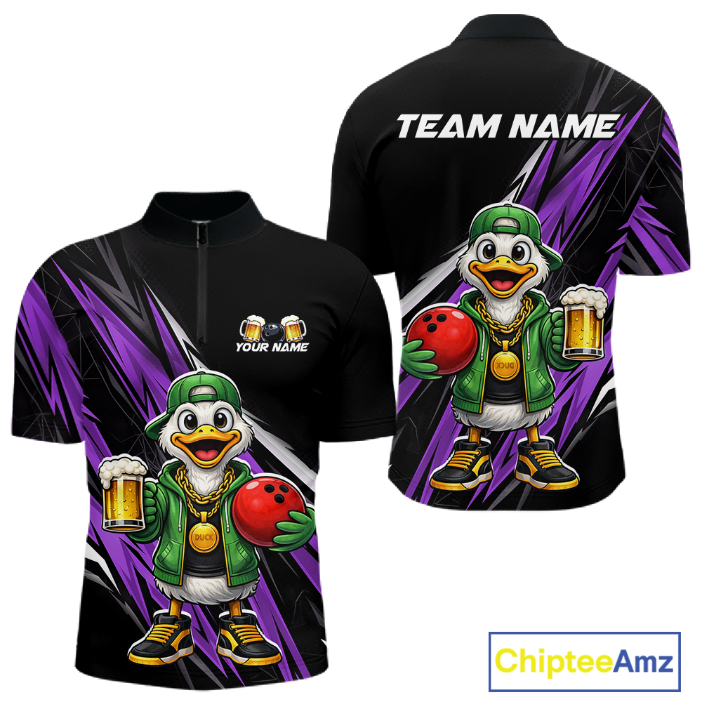 Custom Purple Beer Duck Bowling Shirt for Men Duck Funny Beer Bowling Team Jersey HNT276
