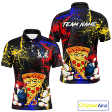 Load image into Gallery viewer, Front and back views of a black bowling polo featuring colorful red, yellow, and blue paint splatter graphics, a cartoon pizza slice mascot, bowling pins, and custom team text.