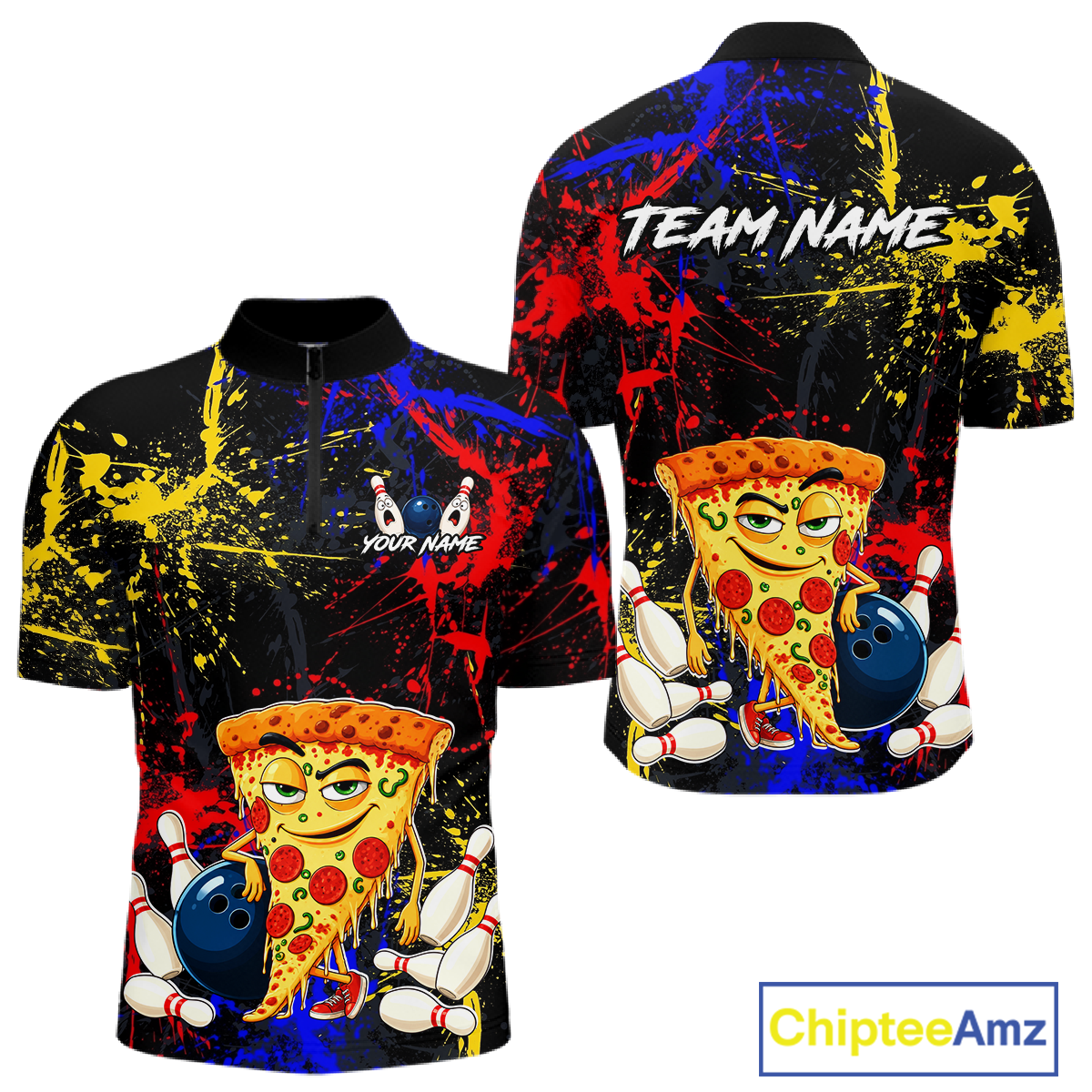 Front and back views of a black bowling quarter zip featuring colorful red, yellow, and blue paint splatter graphics, a cartoon pizza slice mascot, bowling pins, and custom team text.