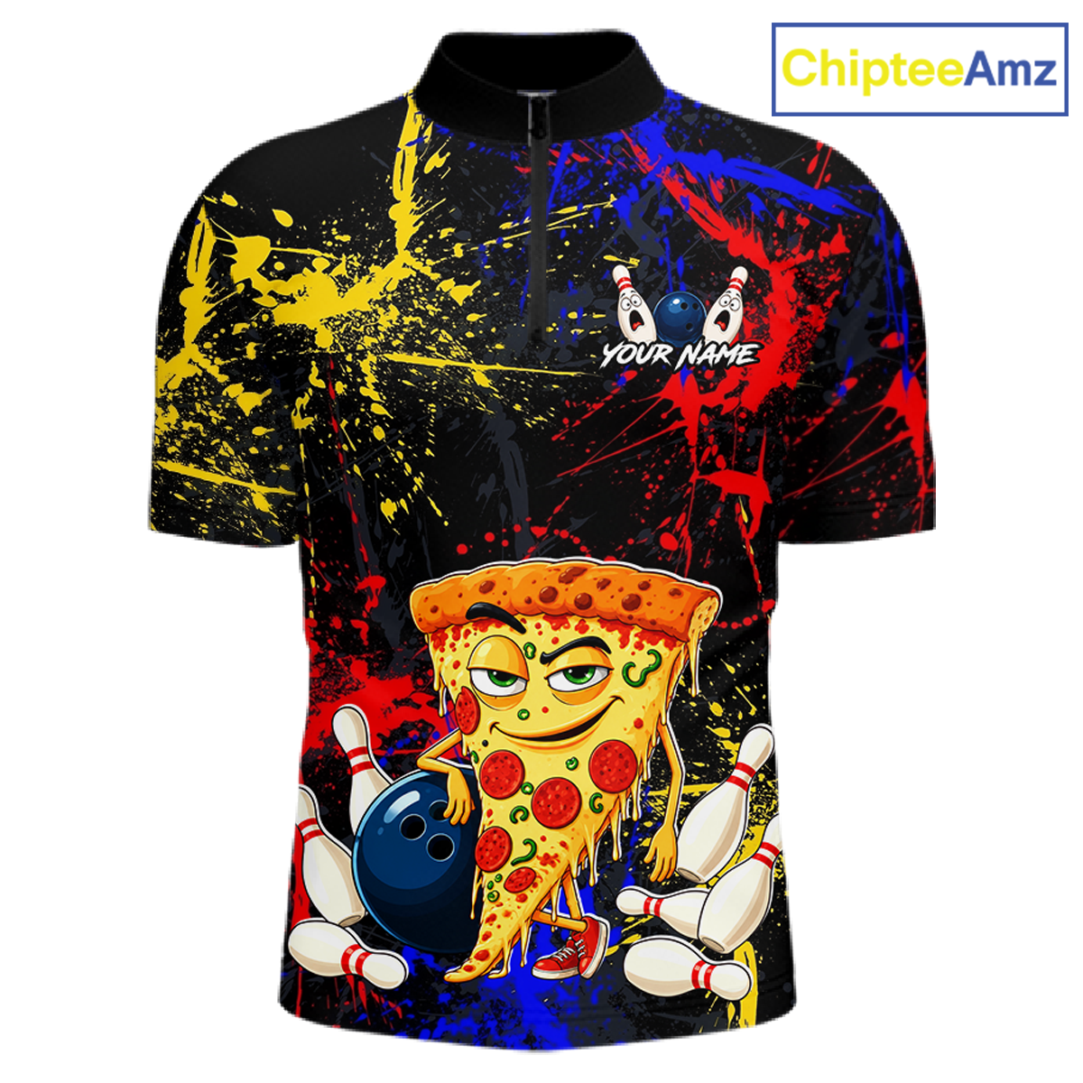 Front views of a black bowling quarter zip featuring colorful red, yellow, and blue paint splatter graphics, a cartoon pizza slice mascot, bowling pins, and custom your name text.