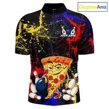 Load image into Gallery viewer, Front views of a black bowling quarter zip featuring colorful red, yellow, and blue paint splatter graphics, a cartoon pizza slice mascot, bowling pins, and custom your name text.
