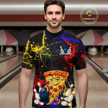 Load image into Gallery viewer, Man wearing a black bowling quarter zip featuring colorful red, yellow, and blue paint splatter graphics, a cartoon pizza slice mascot, bowling pins, and custom your name text.