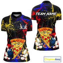 Load image into Gallery viewer, Front and back views of a black bowling quarter zip featuring colorful red, yellow, and blue paint splatter graphics, a cartoon pizza slice mascot, bowling pins, and custom team text.