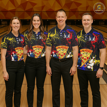 Load image into Gallery viewer, Four people wearing black bowling quarter zip featuring colorful red, yellow, and blue paint splatter graphics, a cartoon pizza slice mascot, bowling pins, and custom your name text.