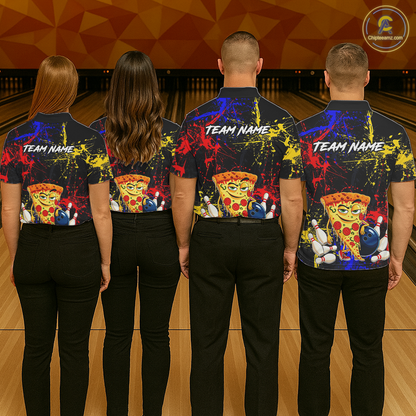 Four people wearing black bowling quarter zip featuring colorful red, yellow, and blue paint splatter graphics, a cartoon pizza slice mascot, bowling pins, and custom team name text.