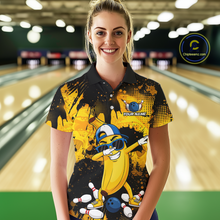 Load image into Gallery viewer, Woman wearing a black and yellow bowling polo featuring a cool banana mascot dabbing, bowling pins, a blue bowling ball, and custom your name text.