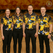 Load image into Gallery viewer, Four people wearing black and yellow bowling polo featuring a cool banana mascot dabbing, bowling pins, a blue bowling ball, and custom your name text.
