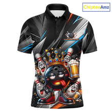Load image into Gallery viewer, Front view personalized bowling polo shirt with a crowned bowling ball character surrounded by pins and angled graphic patterns across a black layout.