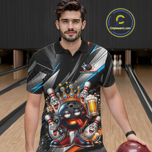 Load image into Gallery viewer, Men wearing personalized bowling polo shirt with a crowned bowling ball character surrounded by pins and angled graphic patterns across a black layout.