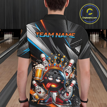 Load image into Gallery viewer, Men wearing personalized bowling polo shirt with a crowned bowling ball character surrounded by pins and angled graphic patterns across a black layout.