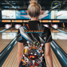 Load image into Gallery viewer, Women wearing personalized bowling polo shirt with a crowned bowling ball character surrounded by pins and angled graphic patterns across a black layout.