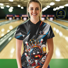 Load image into Gallery viewer, Women wearing personalized bowling quarter zip shirt with a crowned bowling ball character surrounded by pins and angled graphic patterns across a black layout.