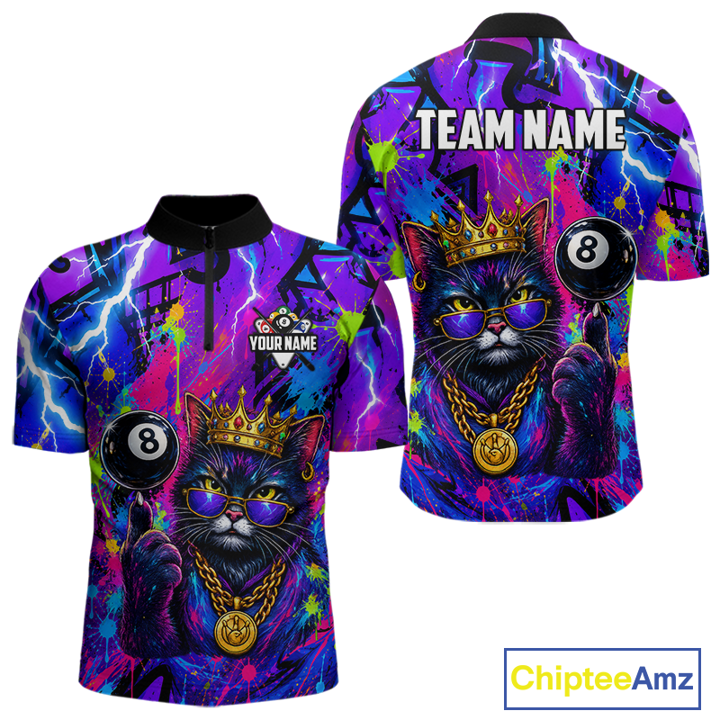 Front and back view personalized billiards quarter zip shirt with a crowned cat holding an eight ball, surrounded by colorful paint effects and graphic patterns.