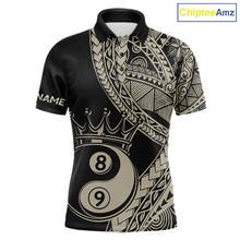 Load image into Gallery viewer, Front view personalized billiards polo shirt with crowned eight and nine ball artwork integrated into flowing geometric patterns on a black layout.