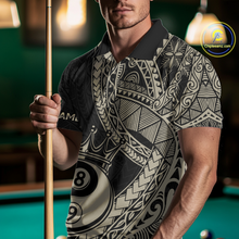 Load image into Gallery viewer, Men wearing personalized billiards polo shirt with crowned eight and nine ball artwork integrated into flowing geometric patterns on a black layout.