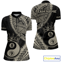Load image into Gallery viewer, Front and back view personalized billiards quarter zip shirt with crowned eight and nine ball artwork integrated into flowing geometric patterns on a black layout.